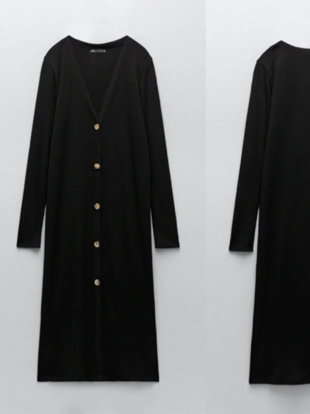 Zara Ribbed Long Sleeve Midi Dress With Tortoise Shell-Like Buttons in Black L